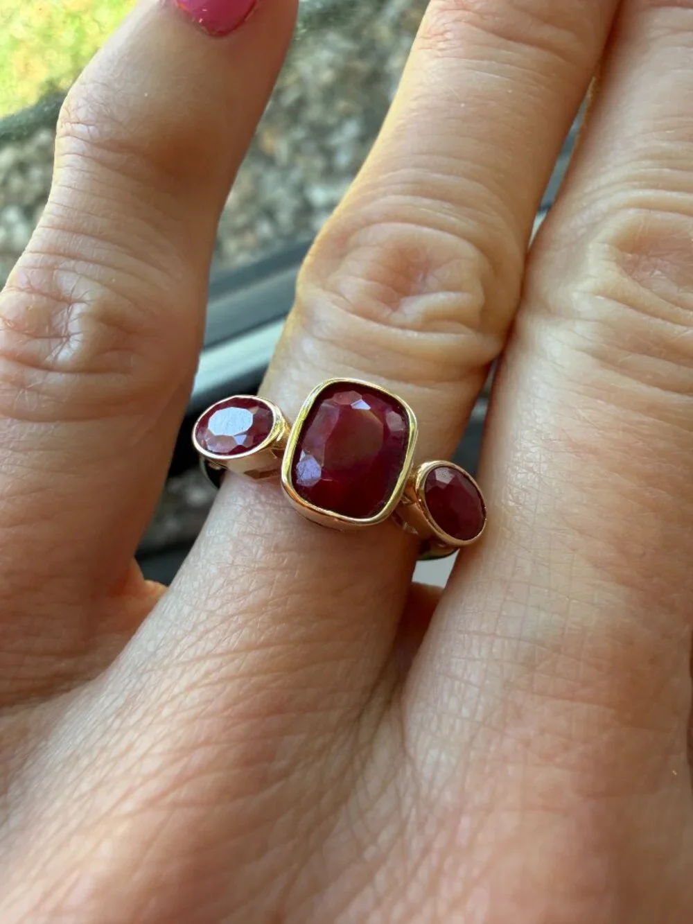 NIB 3.30 ct. Ruby Three-Stone Ring in 18kt Gold Over Sterling - 5 - 5.25